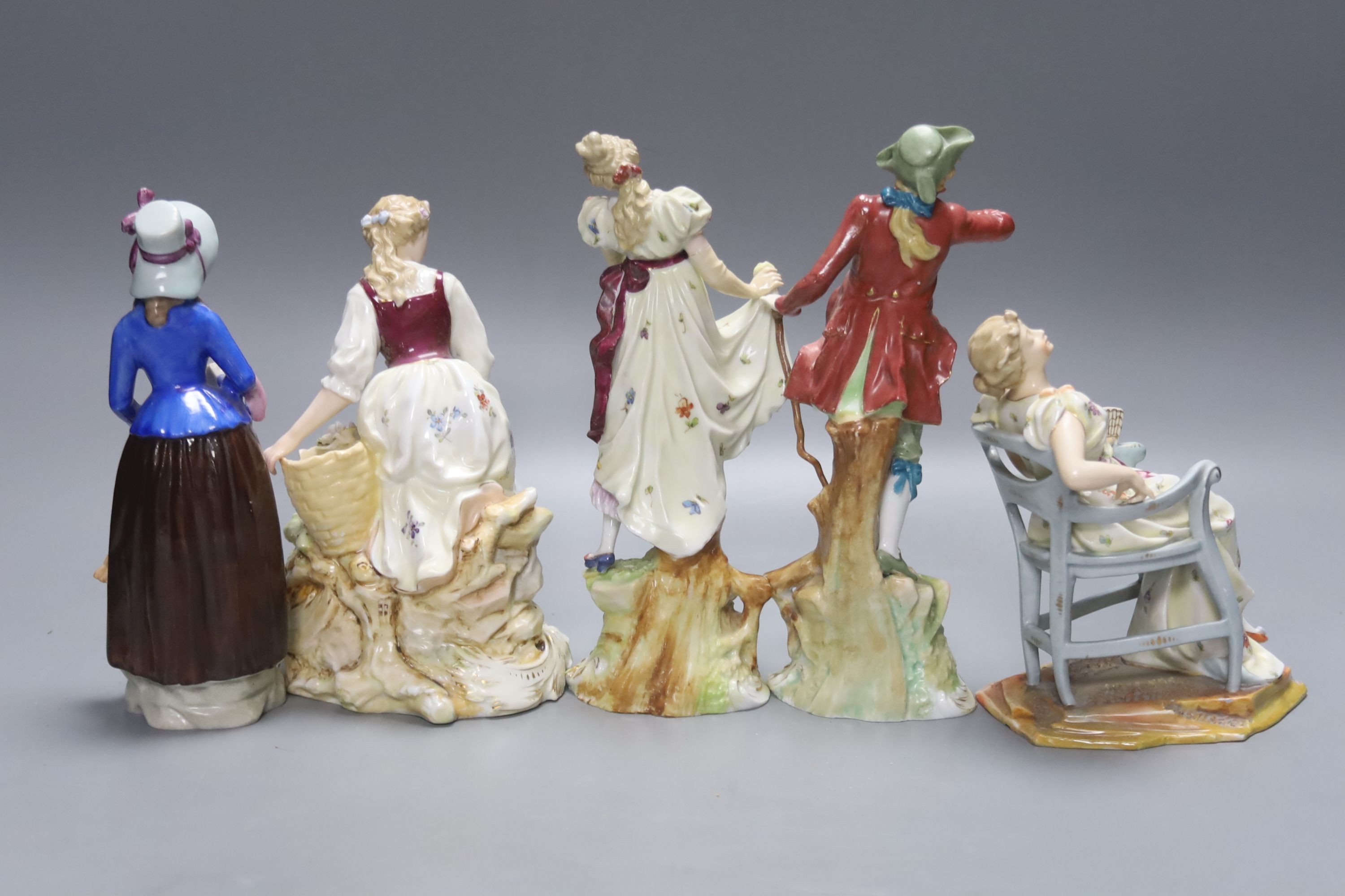 A group of five mixed Continental figures, tallest 20cm